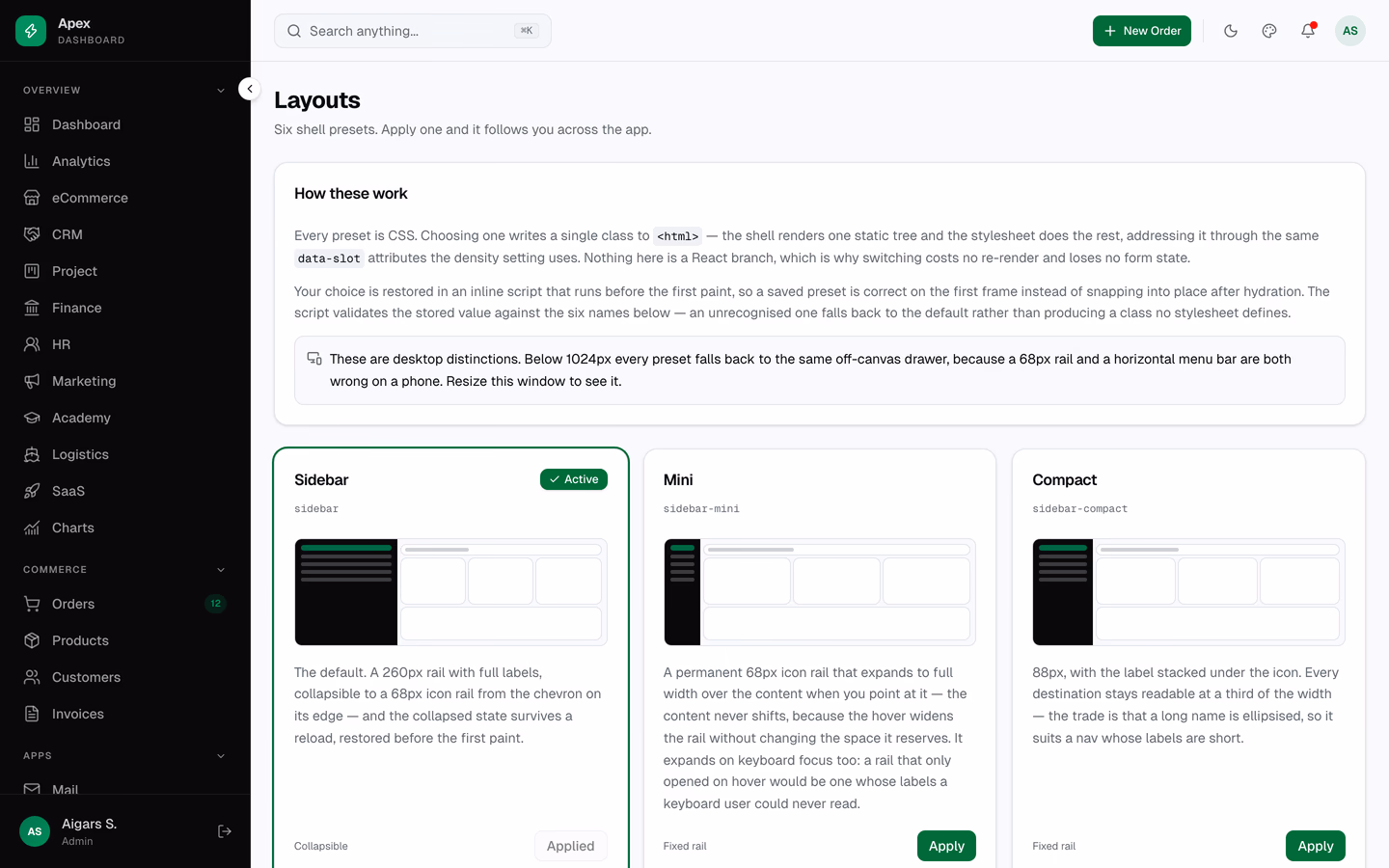 Apex Dashboard — Shadcn Next.js 16 Admin Template